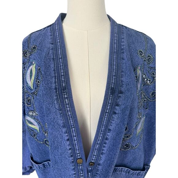 Vintage Embroidered Denim Jean Jacket Boho Chic Whimsical Artisnal Streetwear - Picture 4 of 15